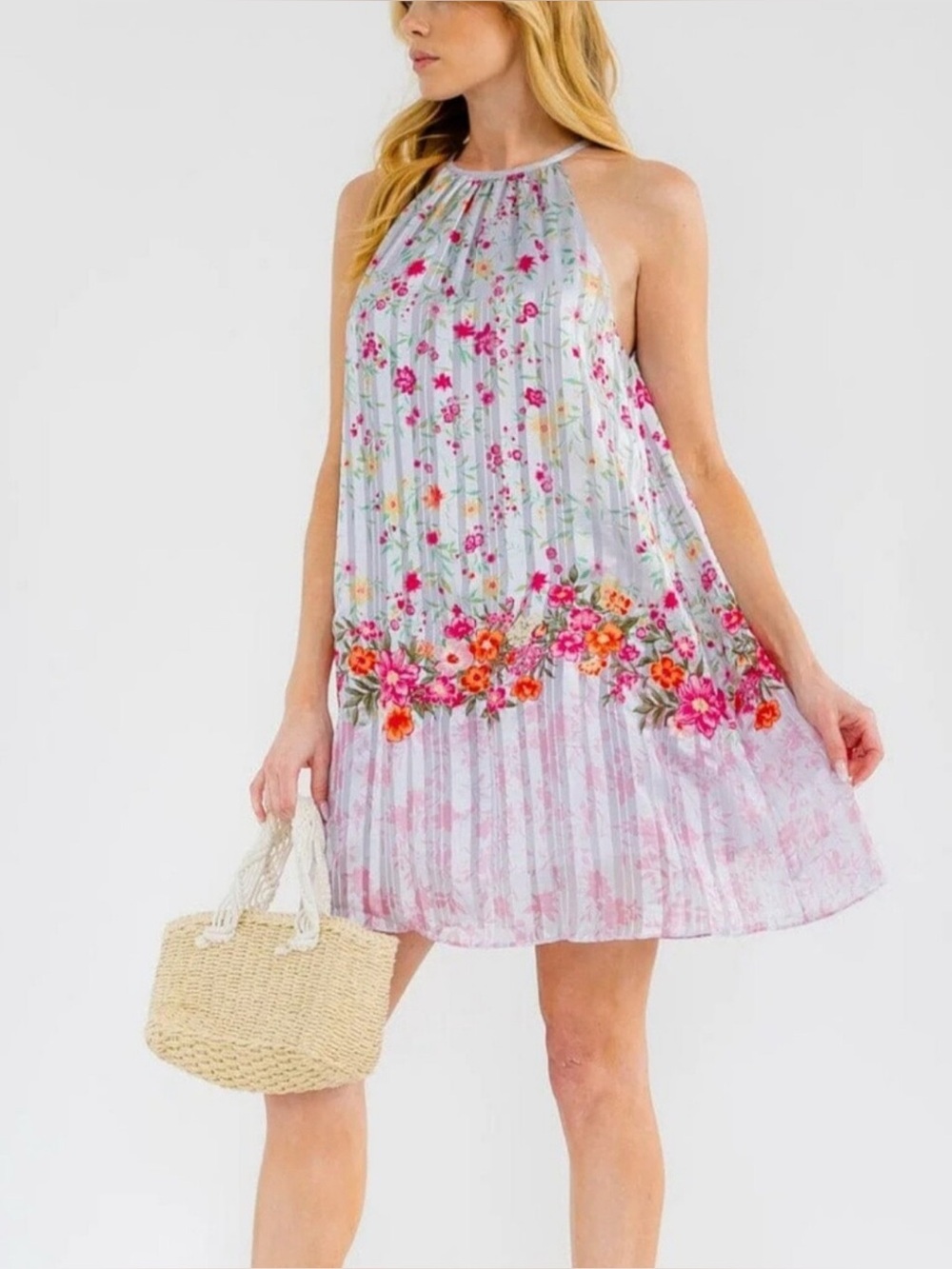 Savannah Jane Embroidered Floral Halter Mini Dress Floral Striped NWT